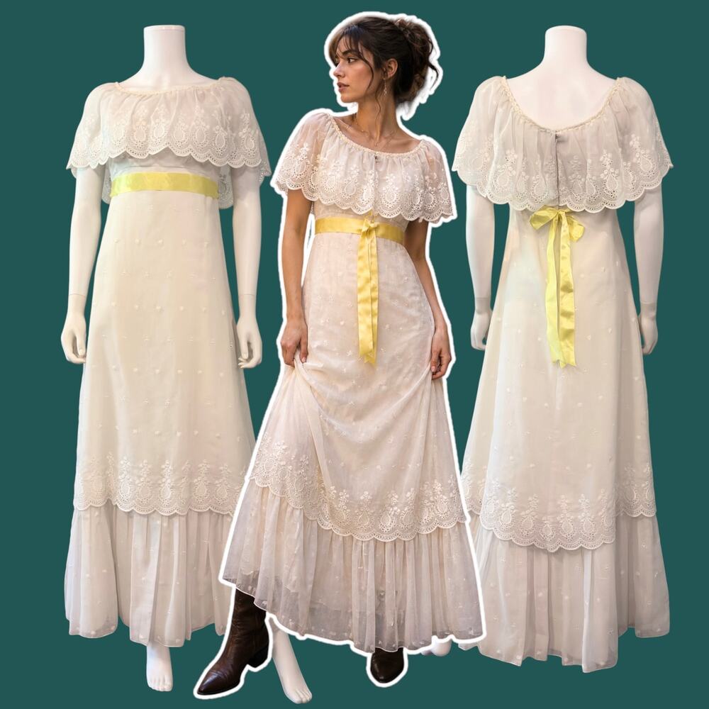 Vintage White Maxi Dress with Yellow Ribbon